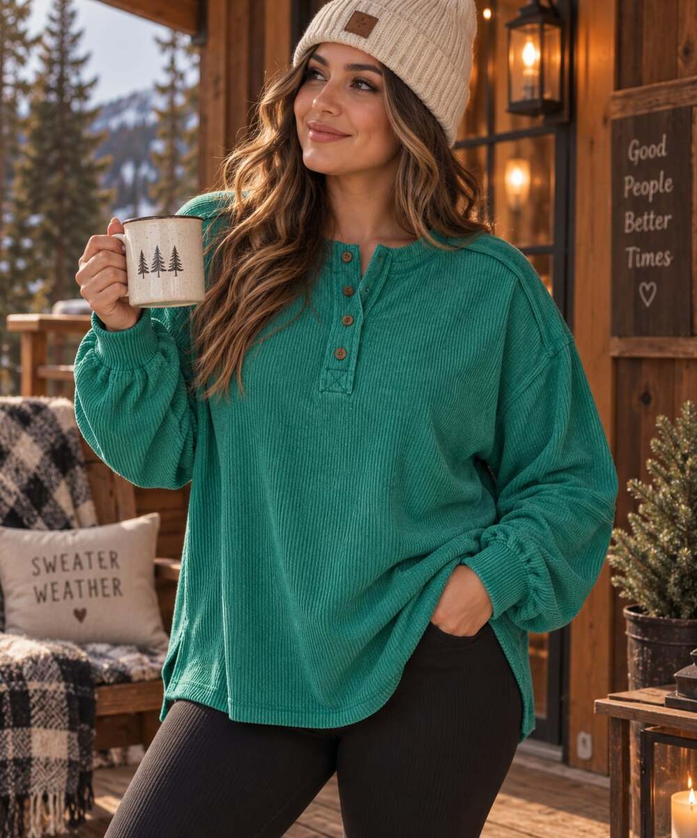 Zenana Ribbed Brushed Hacci Henley Sweater in Hunter Green